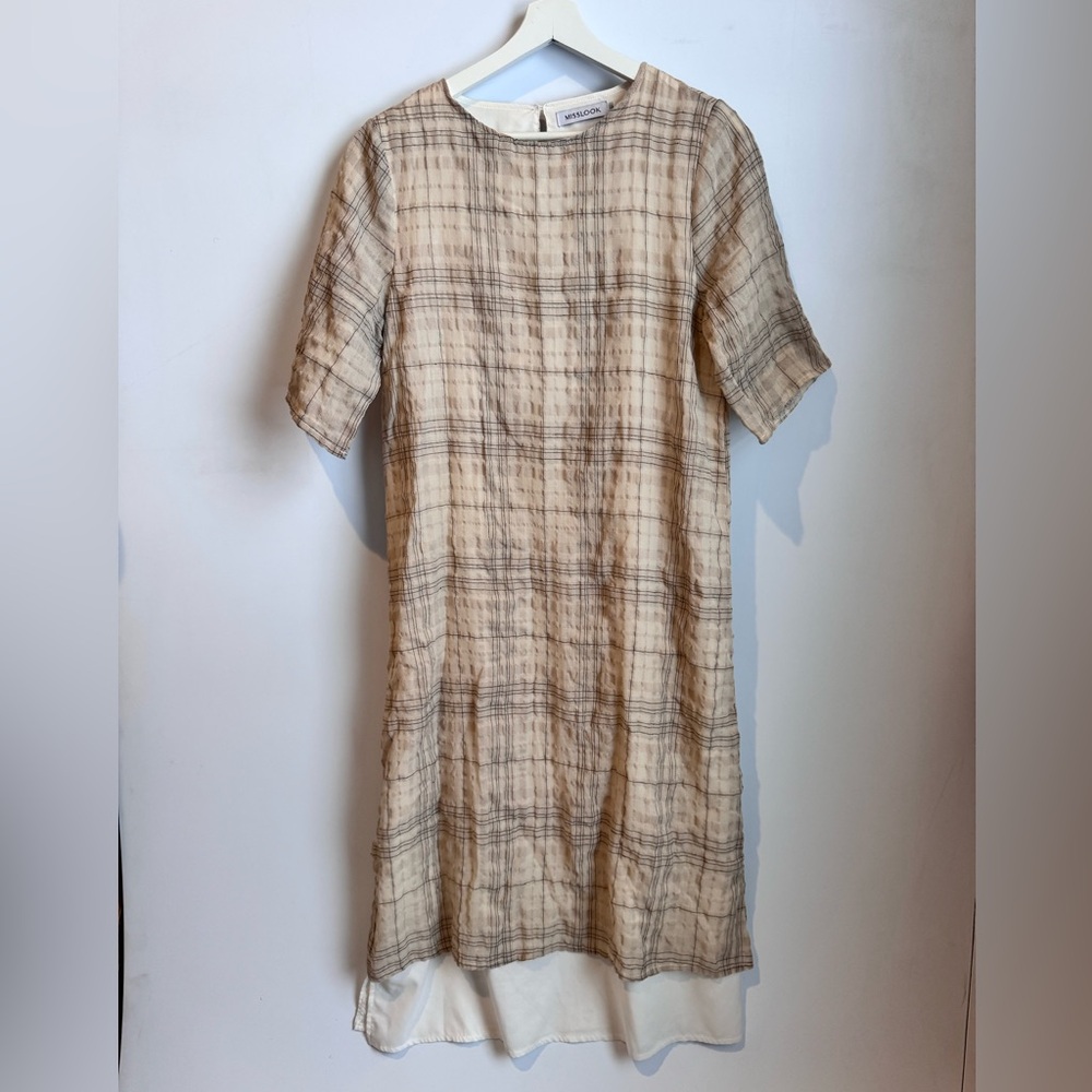 MISSLOOK Checkered Plaid Overlay Short Sleeve Dress - Beige and Brown Sz Large